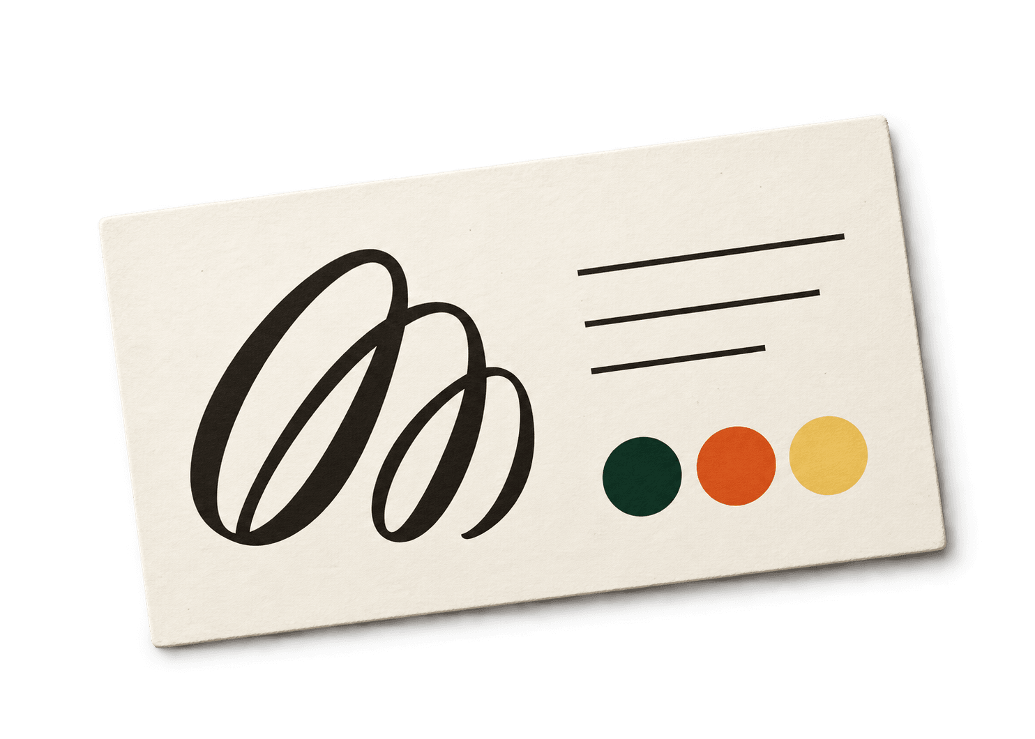 A brand card with a script logo mark and a green, orange, and yellow color palette.