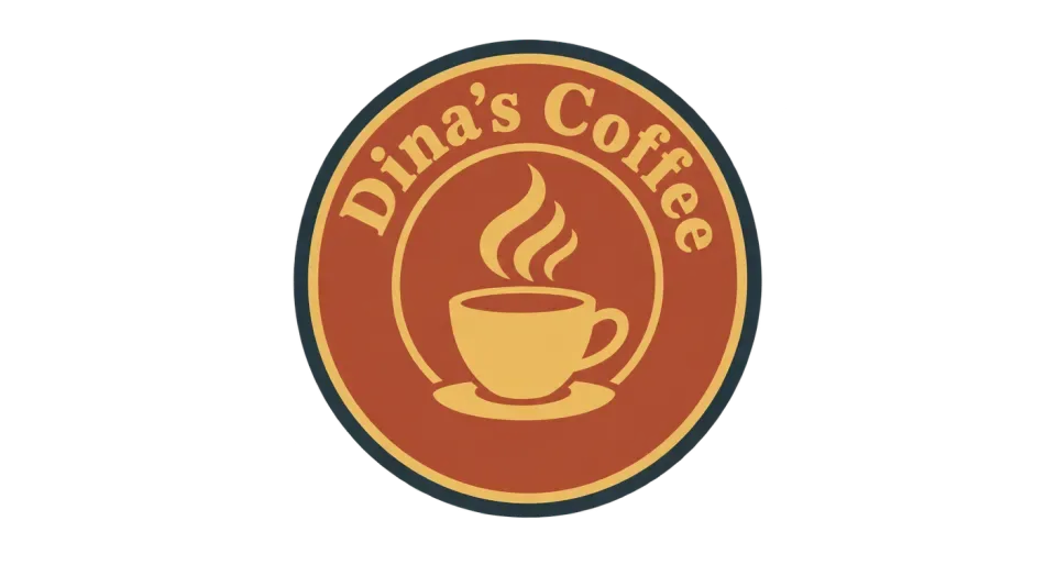 Dina's Coffee emblem logo idea: A classic round seal frames Dina's Coffee around a steaming cup for a crafted, welcoming shop feel.