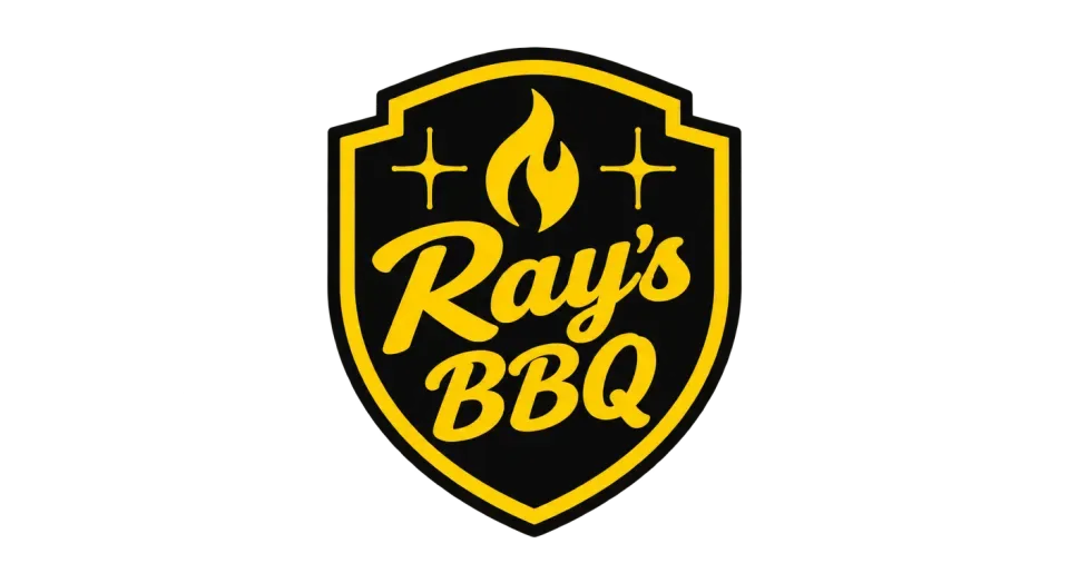 Ray's BBQ emblem logo idea: A single flame above Ray's BBQ makes the badge feel like a casual barbecue spot, while the stepped shield keeps it bold on a cup or truck door.
