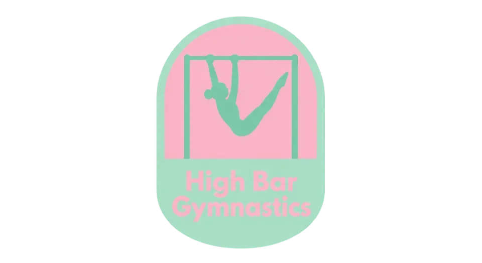 High Bar Gymnastics emblem logo idea: The gymnast on the high bar makes the academy’s name feel tangible, while the rounded badge keeps the look friendly and energetic.