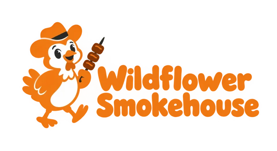 Wildflower Smokehouse mascot logo idea: The chicken’s cheerful mid-step pose brings a little motion to the name while keeping the barbecue character clear at avatar size.