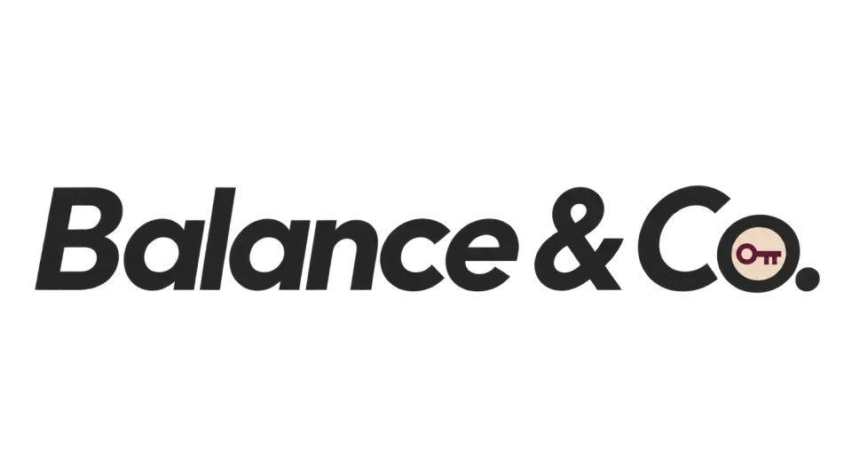 Balance & Co. wordmark logo idea: A tiny key-and-coin detail tucked into the “o” gives the otherwise simple wordmark a quiet nod to the firm’s work.