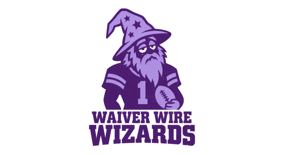 Waiver Wire Wizards mascot logo idea: A football-ready wizard makes the team’s name visible in the character itself, without adding a scene or extra words.