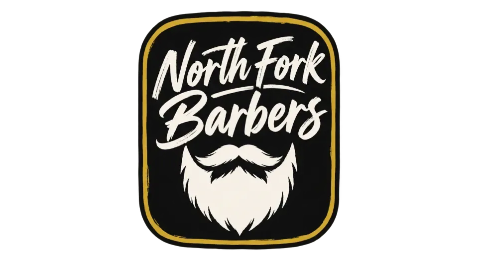 North Fork Barbers emblem logo idea: A hand-inked patch pairs the shop’s name with a bold beard silhouette for a confident, classic barbershop look.