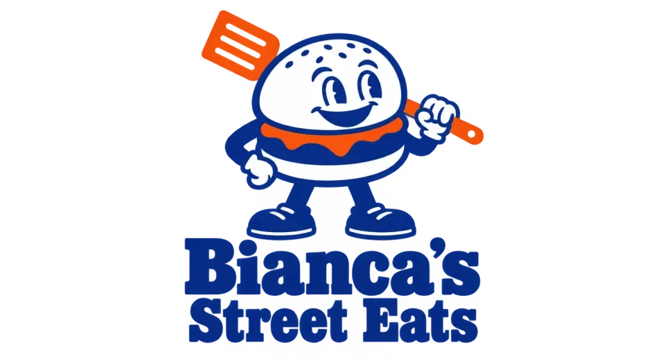 Bianca's Street Eats mascot logo idea: The burger’s easygoing pose and sturdy lettering give the name a vintage storefront character without adding extra words or scenery.