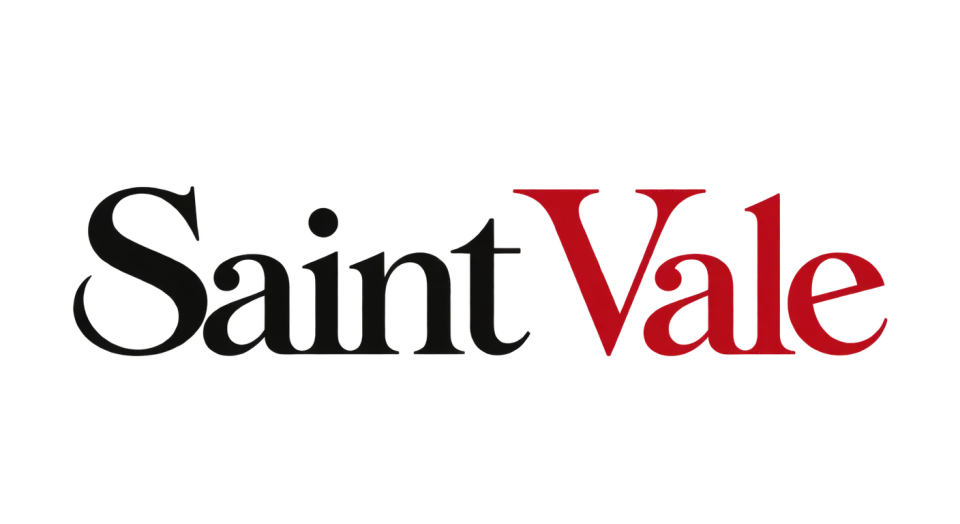 Saint Vale wordmark logo idea: A refined serif name with a red “Vale” gives Saint Vale a polished presence while keeping the look understated.