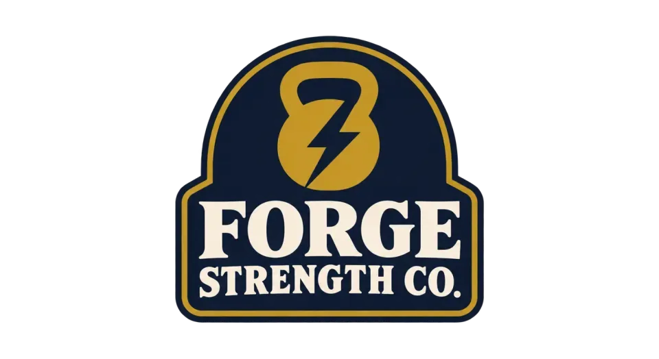 Forge Strength Co. emblem logo idea: The single weight plate makes the training focus clear, while the arched badge lends Forge Strength Co. a vintage sign feel.