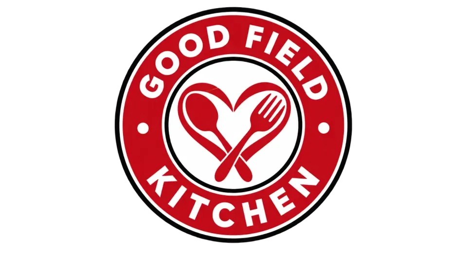 Good Field Kitchen emblem logo idea: A spoon and fork meeting in a heart put the care and cooking behind Good Field Kitchen right at the center of the badge.