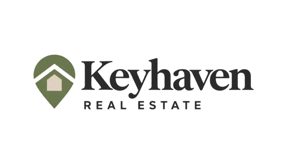 Keyhaven Real Estate combination mark logo idea: A roof tucked into a map pin gives Keyhaven Real Estate a familiar sense of place, while the larger, calm lettering keeps the name front and center.