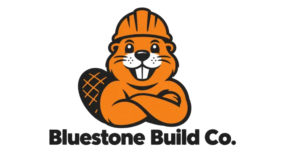 Bluestone Build Co. mascot logo idea: A sturdy, smiling beaver in a hard hat gives Bluestone Build Co. a confident construction mascot with a welcoming, family-business feel.