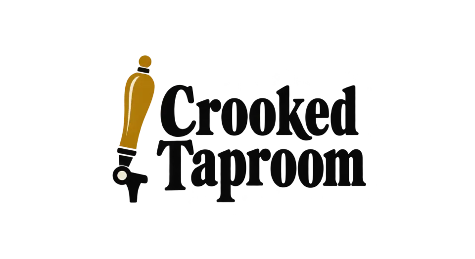 Crooked Taproom combination mark logo idea: A slightly leaning tap handle gives Crooked Taproom a friendly pub symbol, with the name set beside it in sturdy, welcoming serif lettering.