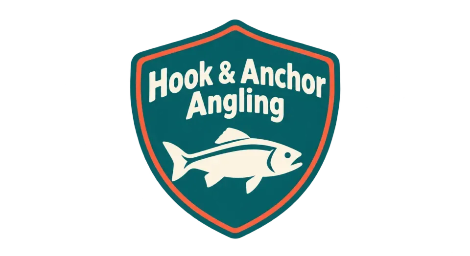 Hook & Anchor Angling emblem logo idea: A single fish at the heart of the shield makes the outfitter’s angling focus clear and gives the badge a classic, family-owned feel.