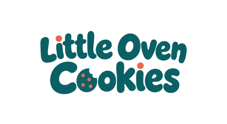 Little Oven Cookies wordmark logo idea: The name sits in two cheerful lines, making the teal lettering easy to read while keeping the overall feel warm and homemade.