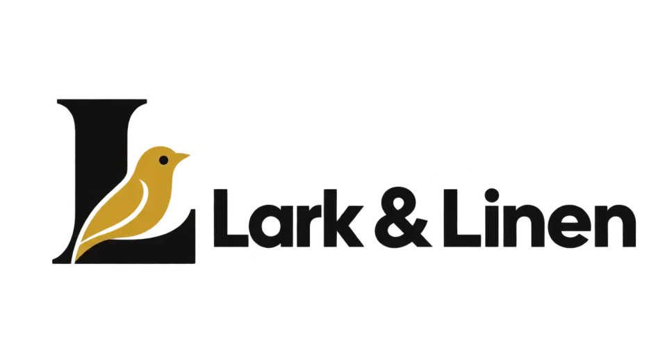 Lark & Linen combination mark logo idea: The lark tucked into a strong L gives the name a memorable emblem that feels clean and tailored.