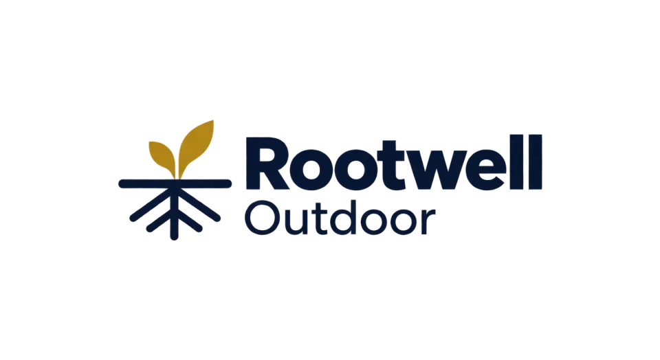 Rootwell Outdoor combination mark logo idea: A simple ground line and rooted growth bring the name to life while pointing to the company’s landscaping work.