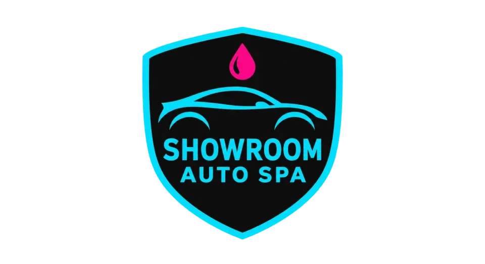 Showroom Auto Spa emblem logo idea: A crisp car silhouette and water bead make the detailing service clear, while the shield gives Showroom Auto Spa a dependable, local feel.