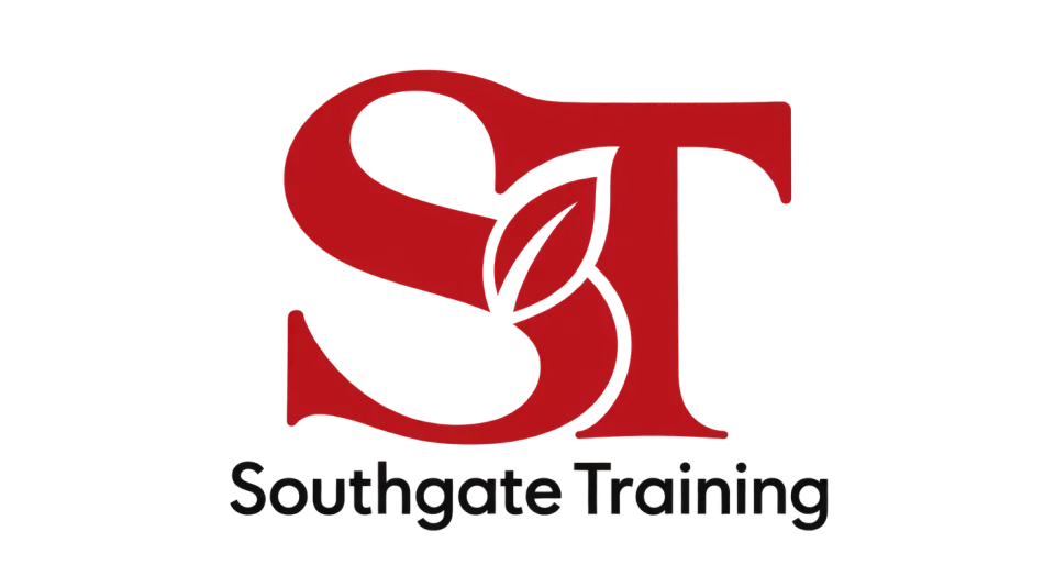 Southgate Training lettermark logo idea: The red initials meet around a small leaf-shaped opening, giving Southgate Training a botanical detail without separating it from the monogram.
