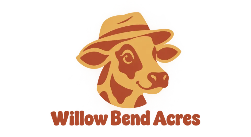 Willow Bend Acres mascot logo idea: The cow’s relaxed turn and familiar farm hat make the ranch mascot feel personable without adding extra scenery.
