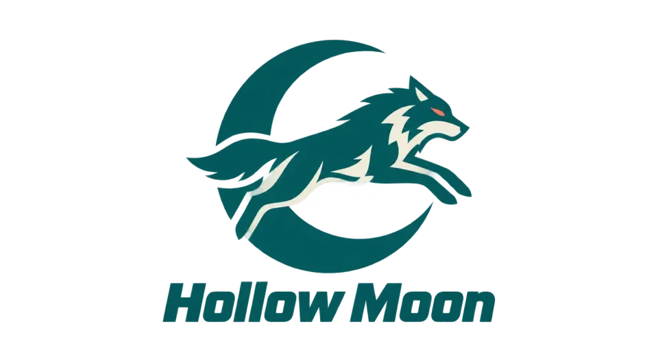 Hollow Moon mascot logo idea: A wolf charging across the crescent brings movement to the mark while keeping the moon-and-mascot idea easy to recognize.