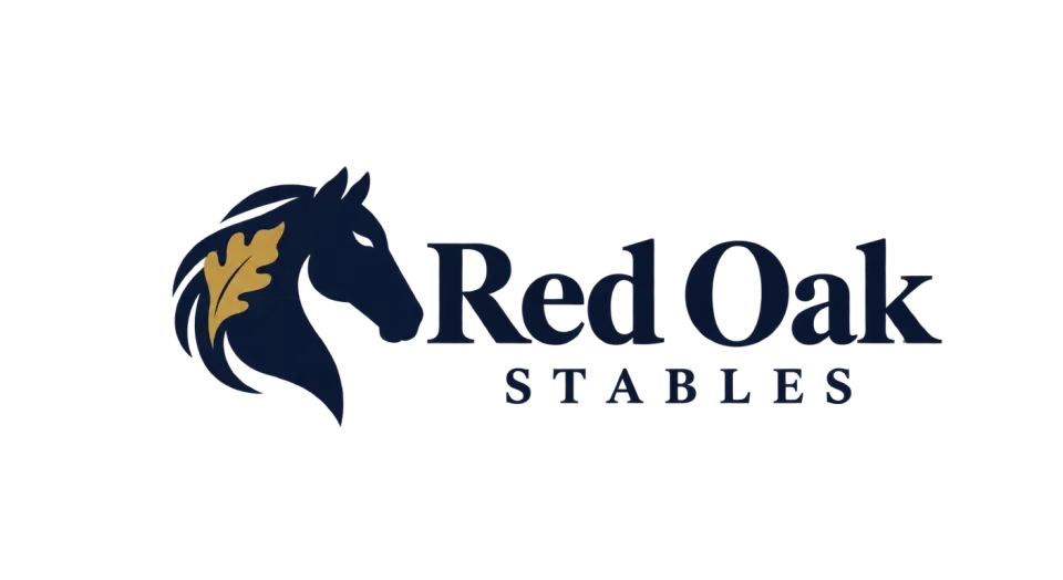 Red Oak Stables combination mark logo idea: A calm horse profile with an oak-leaf mane gives Red Oak Stables an elegant equestrian mark with a nod to its name.