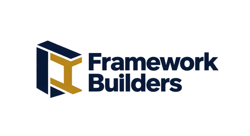 Framework Builders combination mark logo idea: A pair of joined structural members makes the icon feel grounded in building work and careful construction.