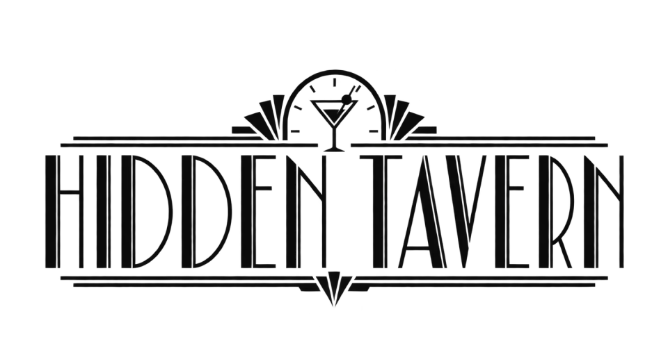 Hidden Tavern wordmark logo idea: Hidden Tavern appears in slender Deco lettering, with fan-like details that give the neighborhood pub a classic, established feel.