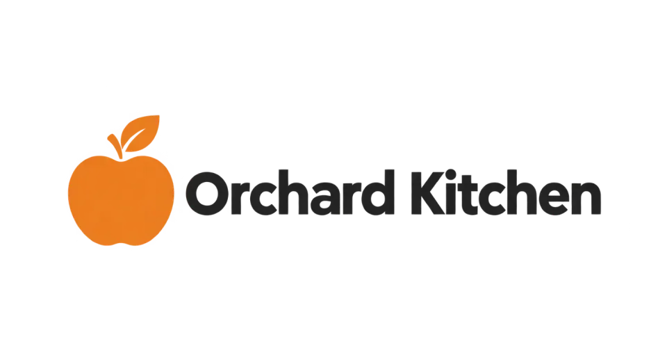 Orchard Kitchen combination mark logo idea: A simple piece of orchard fruit beside the restaurant name makes the connection to fresh, natural food easy to see.