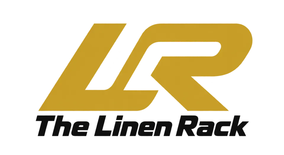 The Linen Rack lettermark logo idea: A single gold ribbon sweeps from L into R, giving The Linen Rack a lively retro signature above its name.