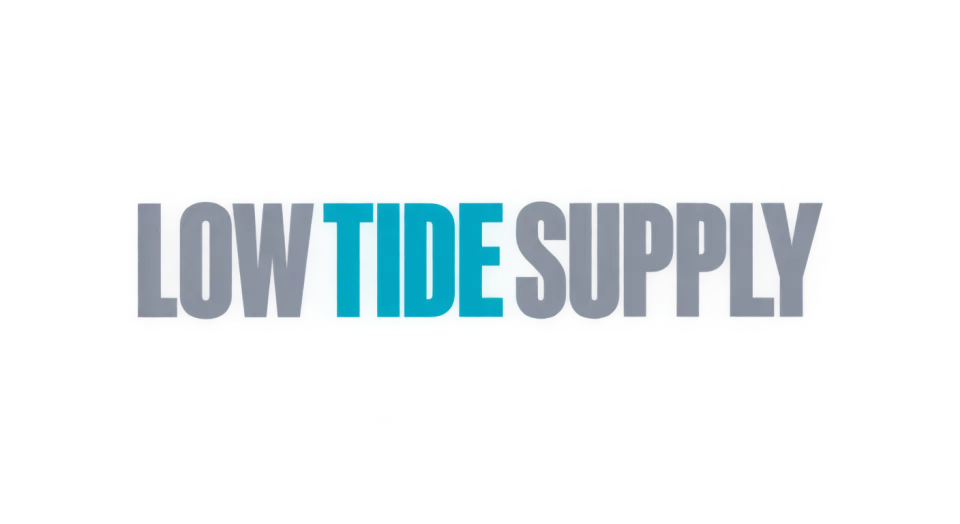 Low Tide Supply wordmark logo idea: A compact line of condensed lettering gives Low Tide Supply a direct, gear-ready look, while the turquoise TIDE draws the eye.