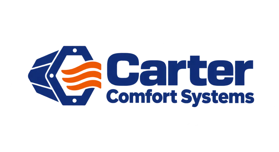 Carter Comfort Systems combination mark logo idea: A clean duct fitting and airflow marks give Carter Comfort Systems a practical, equipment-inspired identity.