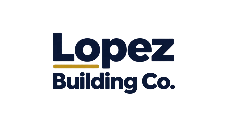 Lopez Building Co. wordmark logo idea: The stacked layout gives the full company name a solid, orderly presence while staying warm and readable at a glance.
