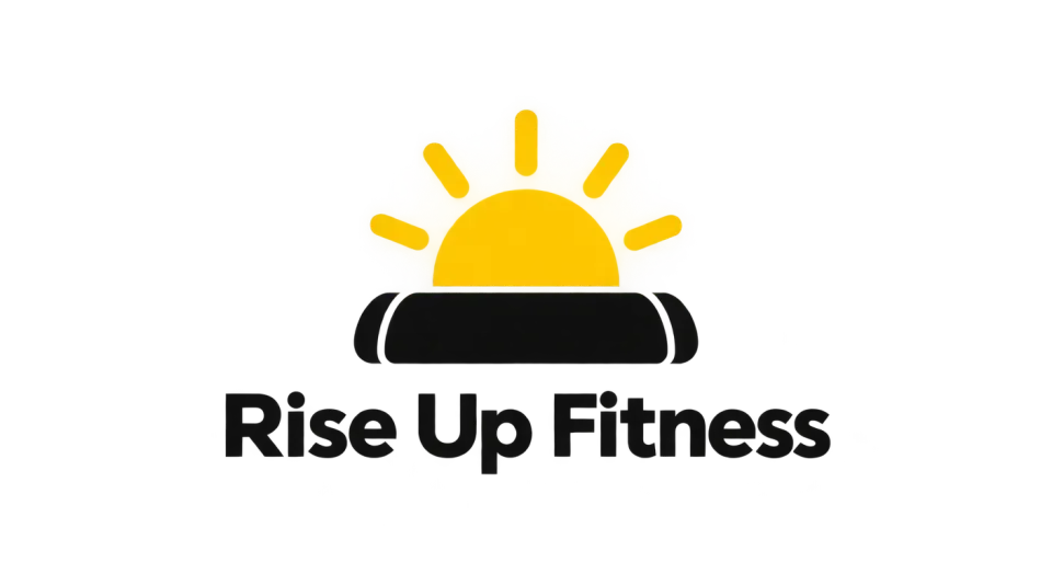 Rise Up Fitness combination mark logo idea: A sun rising behind a workout mat gives the brand a gentle, everyday feeling while keeping fitness easy to recognize.