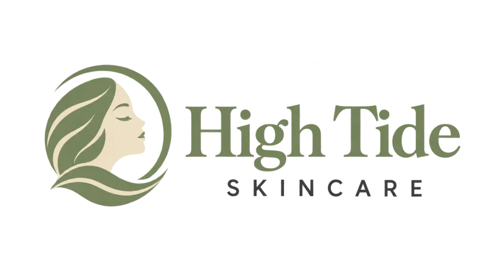 High Tide Skincare combination mark logo idea: An open arc around a restful face suggests a quiet moment of care, while the wave keeps the image connected to High Tide.