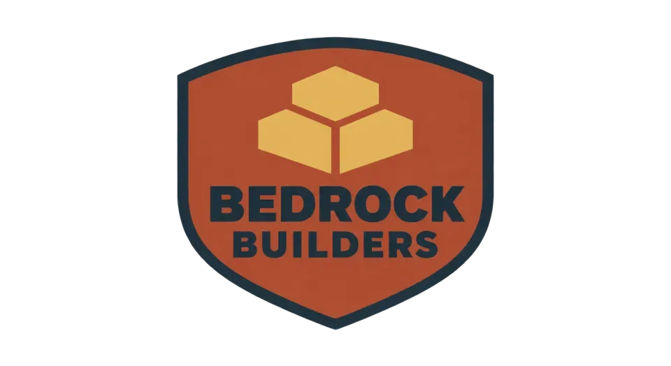 Bedrock Builders emblem logo idea: The simple block stack and shield shape make Bedrock Builders feel solid and straightforward without adding extra detail.