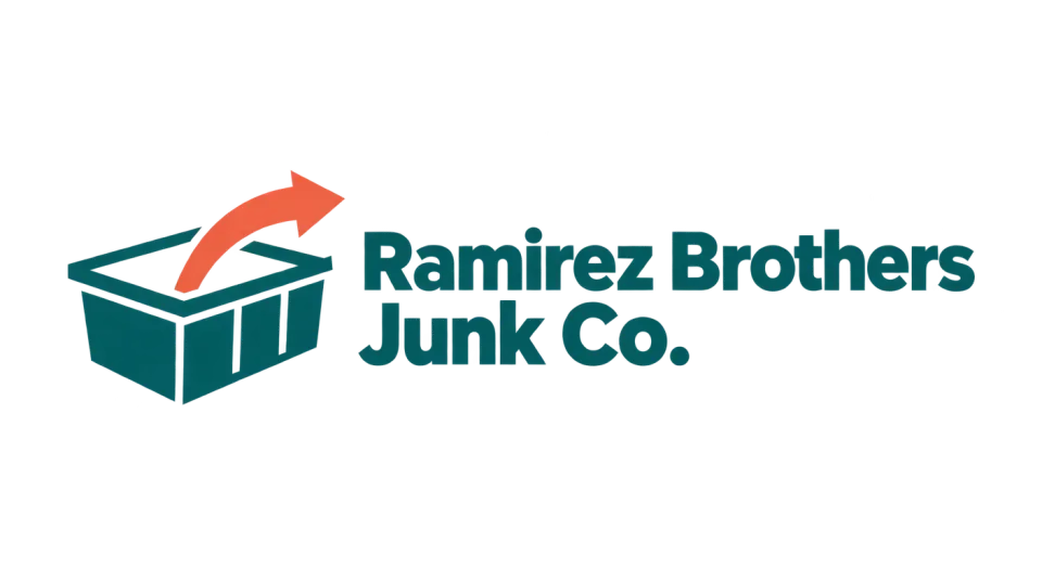 Ramirez Brothers Junk Co. combination mark logo idea: An open container and a single lift-out sweep show the work in a tidy, direct way, without relying on a detailed truck illustration.