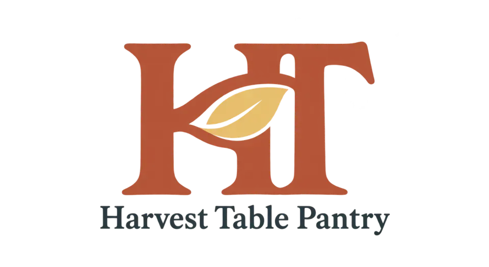Harvest Table Pantry lettermark logo idea: The bold HT holds a simple leaf between its strokes, giving Harvest Table Pantry a botanical touch while keeping the initials strong enough to stand alone.