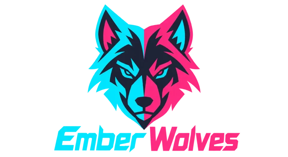 Ember Wolves mascot logo idea: The two-color split gives the forward-facing wolf a lively edge while keeping the team name easy to spot.