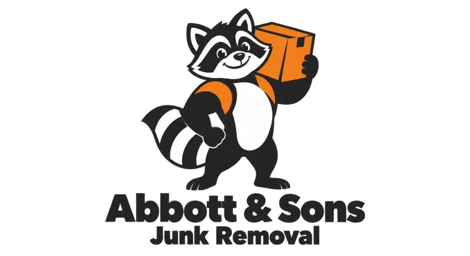 Abbott & Sons Junk Removal mascot logo idea: The shoulder-carried box gives this cheerful raccoon a confident, hardworking feel that suits Abbott & Sons Junk Removal.