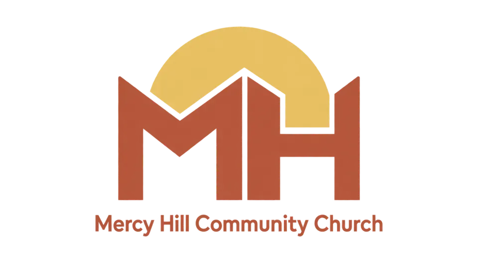 Mercy Hill Community Church lettermark logo idea: A simple mustard arc gives the MH initials a sunny lift, while the church’s full name keeps the mark grounded and clear.