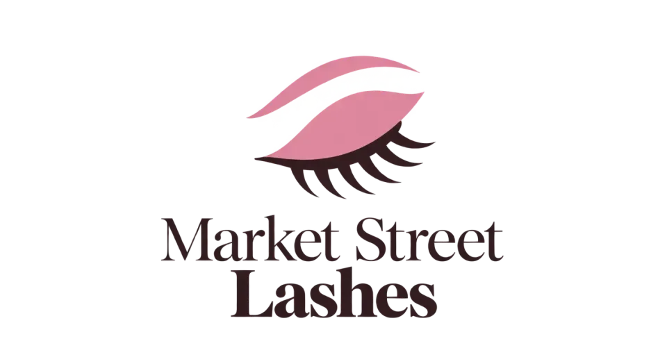 Market Street Lashes combination mark logo idea: A simple closed eye and lifted lashes make the studio’s focus immediately clear, while the graceful lettering keeps the look soft and polished.