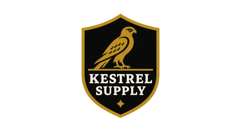 Kestrel Supply combination mark logo idea: A clean shield label brings the kestrel and Kestrel Supply together in a badge suited to a classic streetwear look.