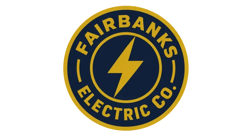 Fairbanks Electric Co. emblem logo idea: A clear central bolt and the company name around a simple round badge make this feel like a familiar, easy-to-recognize local service mark.