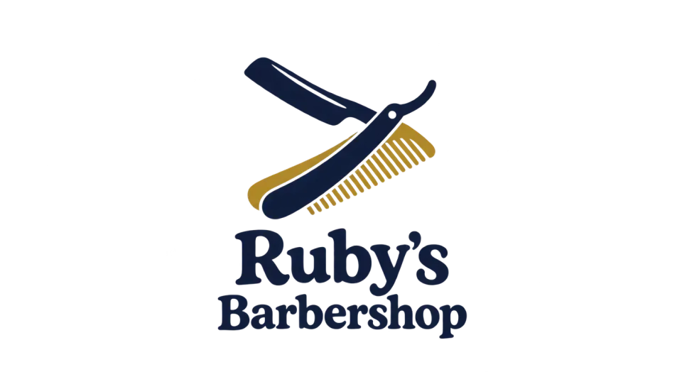 Ruby's Barbershop combination mark logo idea: The crossed tools tilt gently upward, while the rounded lettering keeps “Ruby's Barbershop” feeling welcoming rather than formal.