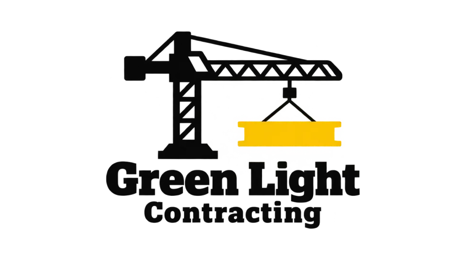 Green Light Contracting combination mark logo idea: A simplified crane lifting a yellow block gives Green Light Contracting a recognizable construction symbol with a classic, practical character.