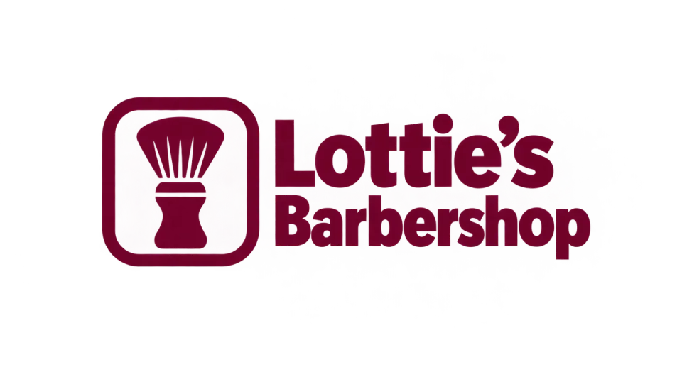 Lottie's Barbershop combination mark logo idea: A stripped-back brush silhouette paired with Lottie's Barbershop keeps the mark clear at small sizes without losing its warm, approachable character.