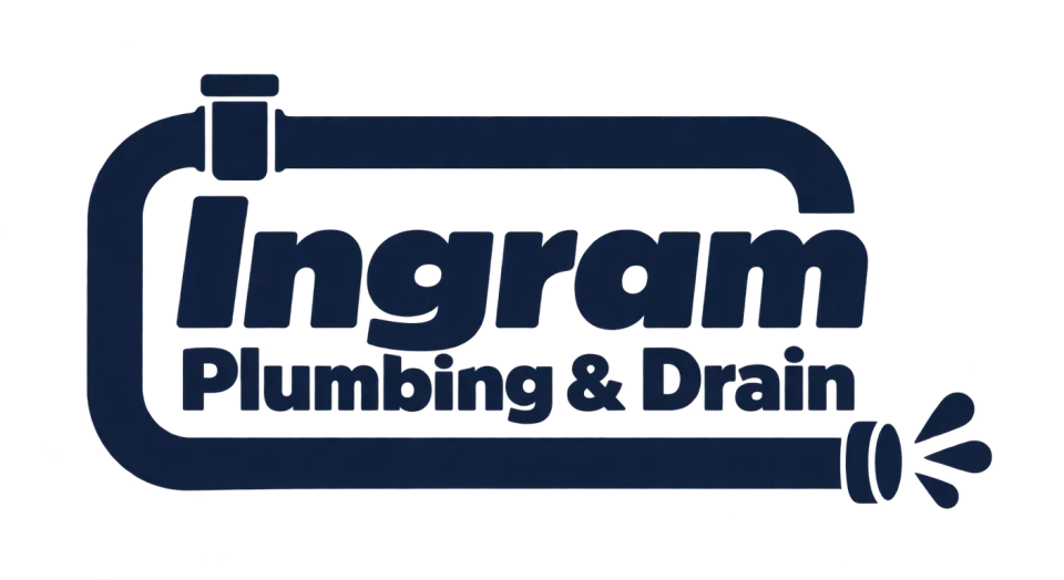 Ingram Plumbing & Drain combination mark logo idea: A pipe-shaped frame makes the name and trade feel like one unified mark, with the open outlet adding a sense of movement.