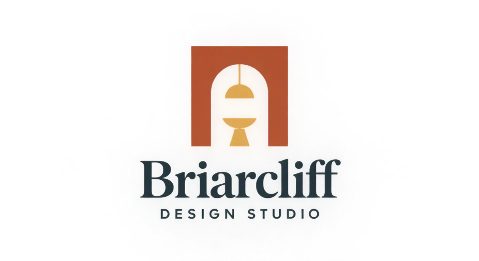 Briarcliff Design Studio combination mark logo idea: A clean architectural niche gives the studio a subtle interior-design cue without making the mark feel like a drawing of a whole room.