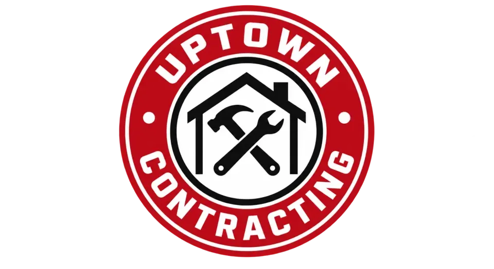Uptown Contracting emblem logo idea: A simple house frame at the center of a round badge connects Uptown Contracting with the work of building, while the name follows the badge edge.