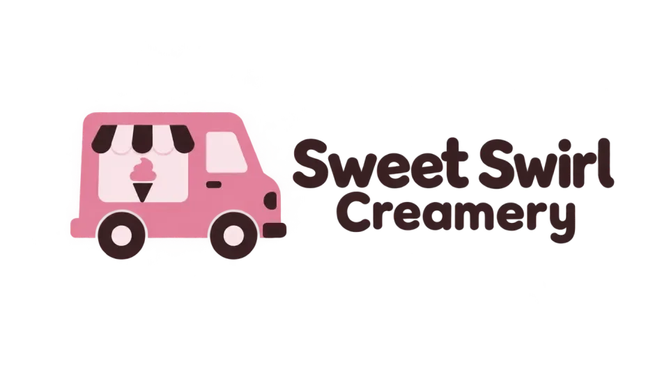 Sweet Swirl Creamery combination mark logo idea: A simple blush-pink ice cream truck gives Sweet Swirl Creamery a welcoming neighborhood feel without crowding the name.