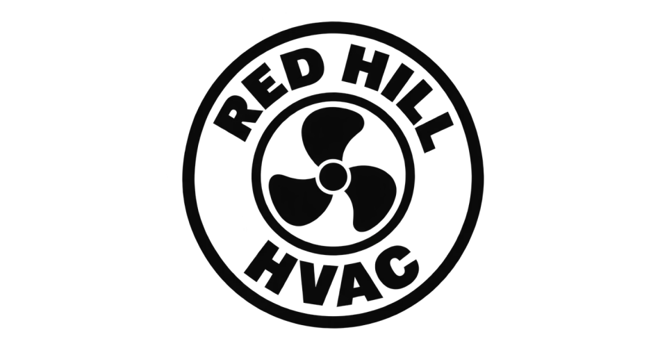 Red Hill HVAC emblem logo idea: The round badge and simple fan make the air-conditioning side of the work easy to recognize while keeping the company name together in the mark.